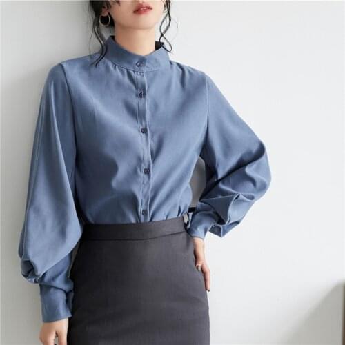 Women Cardigans Solid Blouses Casual Summer Korean Basic Blouses Shirts Vintage Long Sleeves Stand Neck Shirts Blusas Mujer