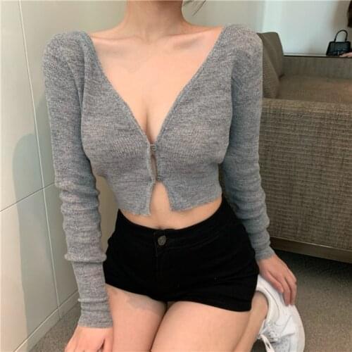 Knitwear womens short navel tight V-neck long sleeve cardigan jacket New outerwear jacket in autumn 2021