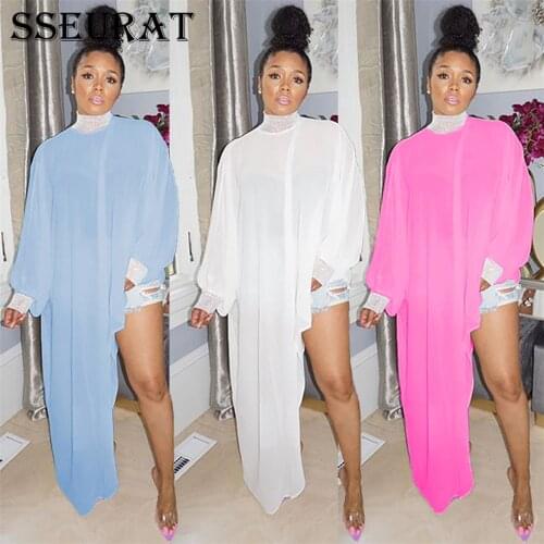 SSEURAT Women Long Sleeve Lace Patchwork Irregular Blouse Maxi Dress Sexy Club Party Streetwear Long Dress 2021