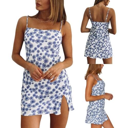 Women’s Summer Casual Suspender Split Dress Fashion Floral Boat Neck A-line Short Dress