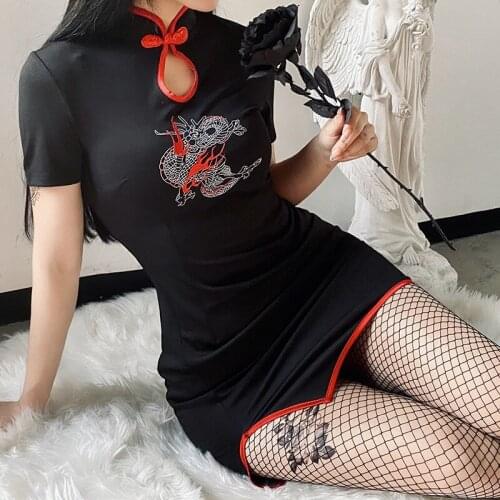 Chinese Dragon Dress Embroidery Cheongsam Women Casual Party Qipao Gothic Streetwear Vestidos Asian Clothes Kawaii Girls 10305
