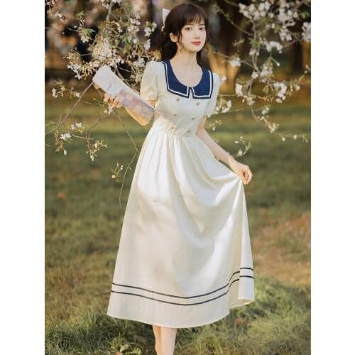 DANDELION GIRL Japanese Navy Collar Preppy Style Dress Women Summer Puff Sleeve Chic Double-breasted Sweet Vintage Vestidos