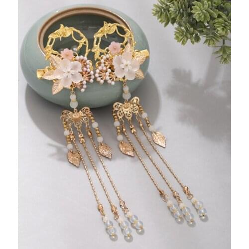 1 Pair Flower Leaf Pearls Long Tassel Pendant Hanfu Dress Chinese Hairpins Clips for Women Girls Wedding Hair Ornaments