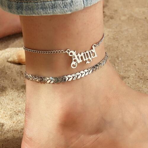 2 pcs/set Metal Letter Angel Silver Color Fishbone Anklet New Chevron Arrow Anklet Bracelets for Women Fashion Jewelry