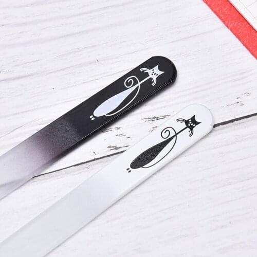 2pcs/set Nail Files Cat Pattern Crystal Glass Nail File With Faux Black & White Plated Plastic Hard Case Nail Tools