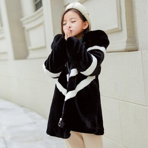 2020 Girls Winter Long Black and Pink Fur Coat Warm Coat