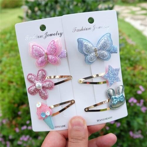 3PCS/SET Cute Butterfly Girls Hair Clip Shiny Flower Barrette kawaii Headwear Hair Accessories For Kids Chiidren Golden Hairpin