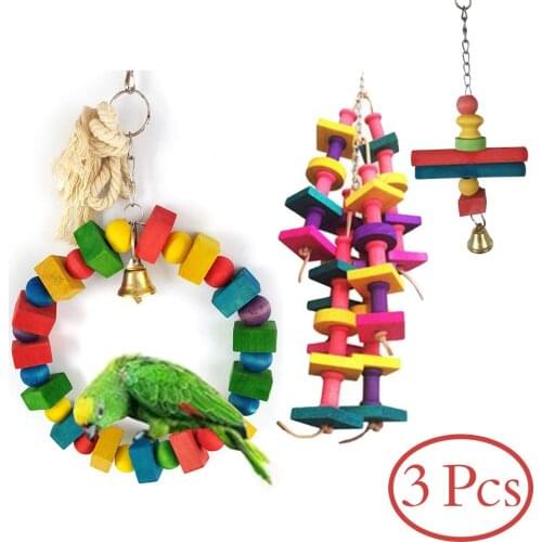 3Pcs Bird Colorful Swing Wood Blocks Hanging Climbing Ring Perch Parrot Chew with Bell for Budgie Parakeet Cockatiel