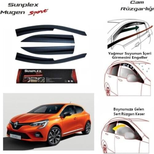 Renault Clio 5 (All Years) Sport Rain Window Visor Wind Deflector Piano Black 4 pcs Car Automobile Auto Accessory ABS Plastic