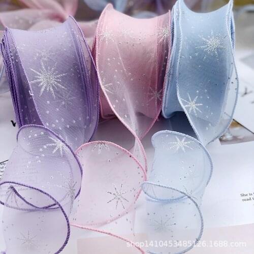 5yards Silver Powder Snowflake Printed Organza Stain Ribbon for DIY Crafts Hair Accessories Gift Box Packaing Materials
