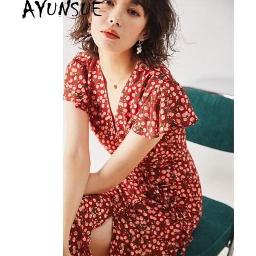 AYUNSUE Womens Dress 2021 Elegant Floral Summer Dresses for Women Korean Fashion Midi Dress Female V neck Vestido De Mujer
