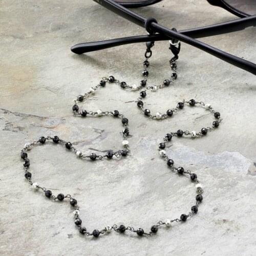 Black Spinel Glasses Chain, Black Silver Pyrite Eyeglass Chain, Black eyeglass holder necklace