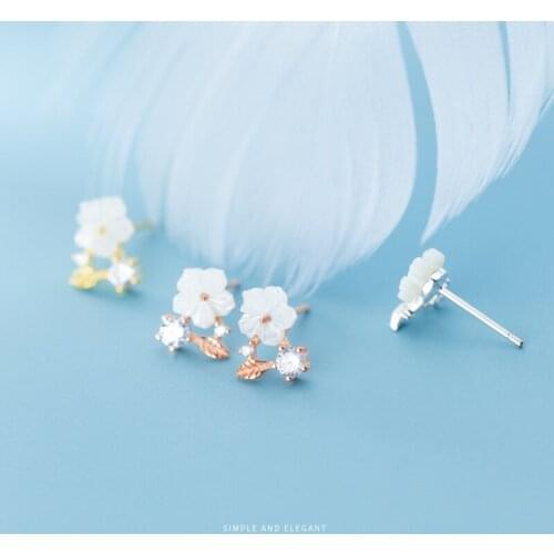 COLUSIWEI Sterling Silver 925 Sparkling AAA Zircon Leaves White Shell Flower Stud Earring for Women 3 Color Ear Pin Fine Jewelry