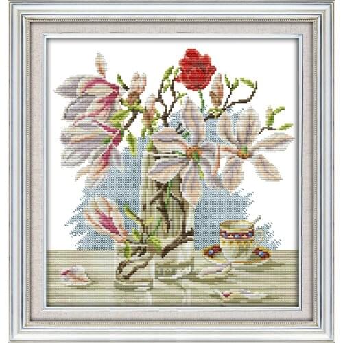 Magnolia flower (4) cross stitch kit DIY vase hand embroidery set handmade needlework cross-stitching DMC color Dreamfounder