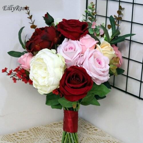EillyRosia Original Design Bridal Bouquet Pink Champagne Roses Burgundy Wedding Flowers Rustic Handmade Artificial Bouquet