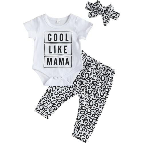 Emmababy 0-18M Newborn Baby Boys Girls Clothes Set Letter Printed Short Sleeve Bodysuit with Leopard Long Pants and Headband