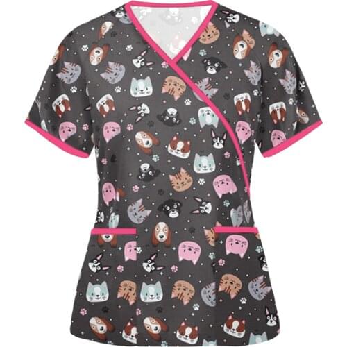 40# Pocket Patchwork T-shirts Nurse Uniform Short Sleeve V Neck Top Working Uniform T-shirts Florak Animal Pattern Nurse T-shirt