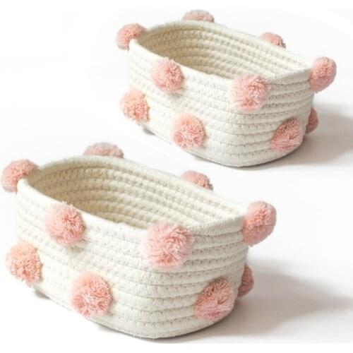 Cotton Woven Storage Basket Cute Pompom Decor Sundries Finishing Box Nordic Cosmetic Toys Organizer Frame Pink