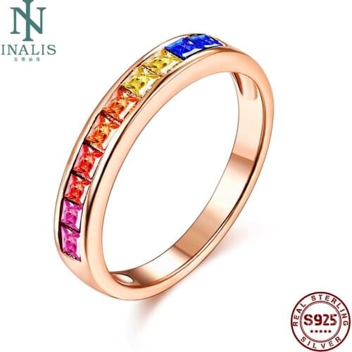 INALIS Rainbow 925 Sterling Silver Rings For Women Rose Gold Plating Colour Cubic Zirconia Multisize Rings Romantic Fine Jewelry