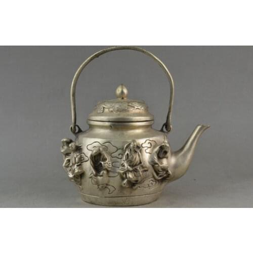 Exquisite Chinese Old Collectible Miao Silver China Eight Immortal Portable Tea Pot