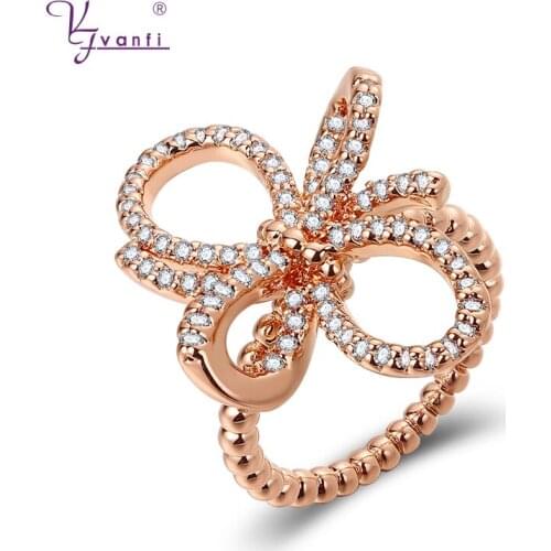 Kfvanfi Cute Jewellery Women Gold Rose Gold Silver Color Fashion Zircon Stone Bowknot Ring