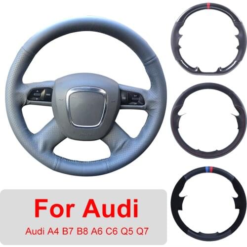 Leather Car Steering Wheel Cover For Audi A4 B7 B8 A6 C6 2004-2011 Q5 2008-2012 Q7 Auto Interior Customized Steering Wheel Wrap