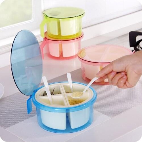 Circle Multicellular With Spoons Seasoning Box Kitchen Storage Box Organizer Visual Plastic Spice Containers