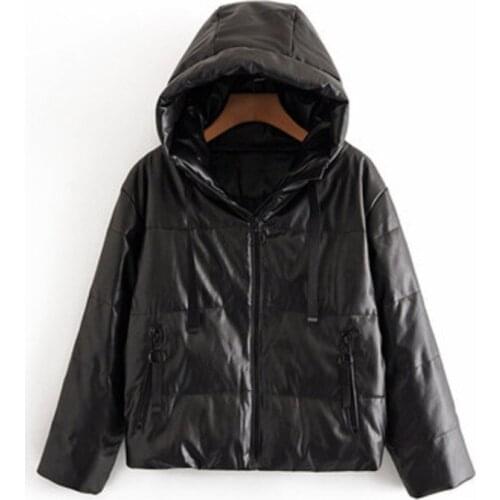 Womens Winter New Casual Simple Solid Color Hooded Zipper Leather Cotton Coat Fashion Stitching Cotton Parka Jacket Women 2021