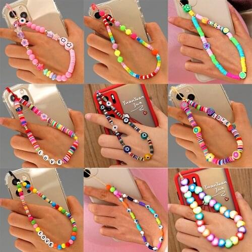 Fashion Mobile Phone Bracelet Lanyard Acrylic Letter Bracelet Rainbow Simulation Pearl Personality Mobile Phone Chain Lanyard