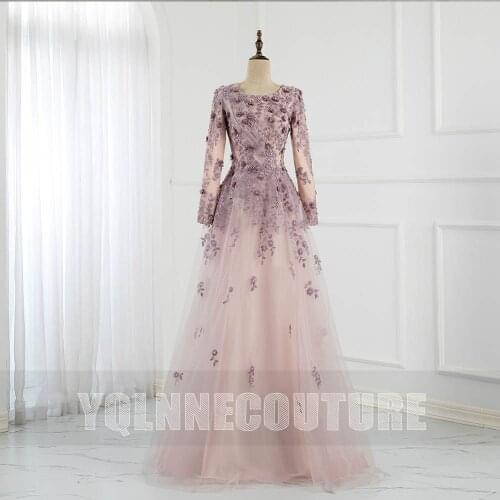 Muslim Lady Long Sleeve Lace Appliques Evening Dresses Sweet Lilac 3D Flowers Crystals Beaded Tulle Formal Princess Gowns