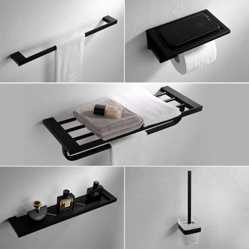 New Stainless Steel Bathroom Hardware Pendant Set Black Matte Paper Holder Toothbrush Holder Towel Bar Bathroom Accessories
