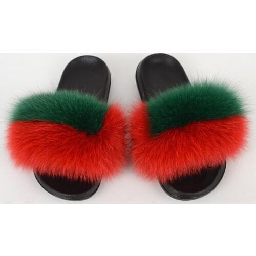 New Arrival Fox Fur Slippers Home Mixed-color Striped Furry Slides Womens Casual Flat Realy Fur EVA Soled Plush Flip Flops