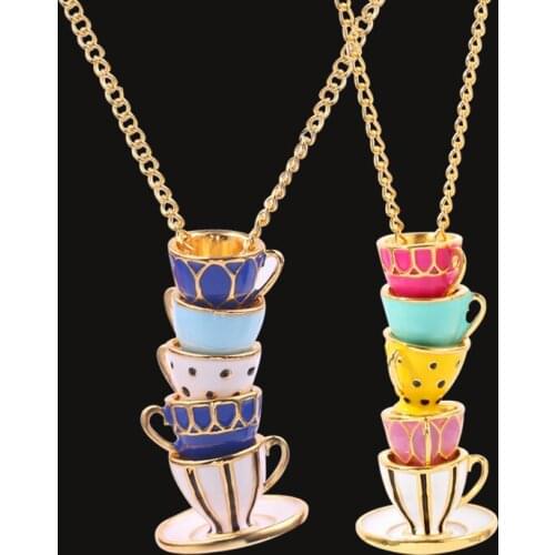 New Design Teacup Necklace Pendants Fashion Enamel Tea Cup Sweater Chain Clothing Accessories For Women Girl Jewelry