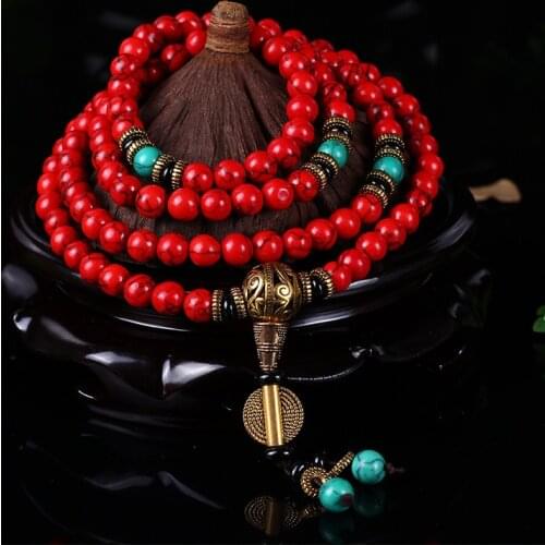 Wholesale Buddhist 108 Mala Prayer Bracelets 8MM Red Pine Stone Beads Women Men Yoga Meditation Necklace Dropshipping