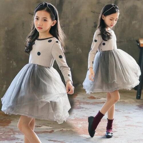New Arrival Girls Long Sleeve Polka Dot Princess Dresses Spring Fall Kids Gauze Spliced Dress Childrens Clothes One Piece B76