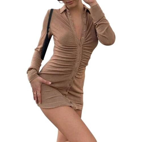 Sexy Female Shirt Dress Summer Solid Color Turn-Down Collar Long Sleeve Button Package Hip Dresses for Ladies S/M/L