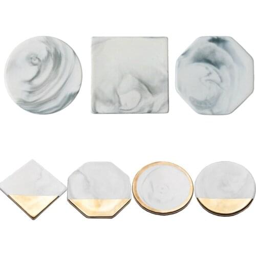 Luxury Marble Ceramic Coaster Gold Plating Geometric Cup Mat Waterproof Heat-Insulated Pads Jewelry Tray Home Desktop Decoration