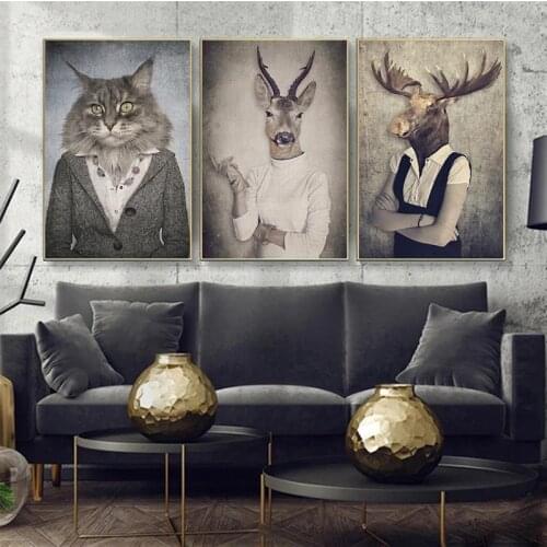 Nordic Vintage Art Animals in Human Clothes Canvas Art Posters And Prints Animals Canvas Paintings On The Wall Art Picture Decor