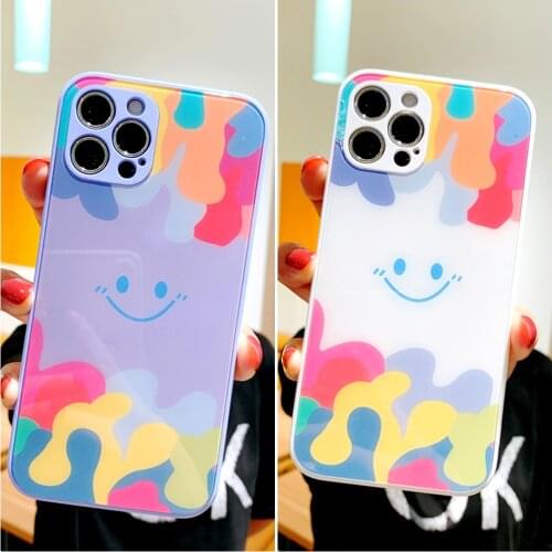 Pretty Colorful glass case For iPhone 12 Pro Max 11 Pro Max XS XR Smile camera lens protect Cover For iPhone SE 2020 8 7 Plus
