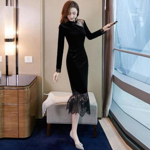 Improved version of gold velvet cheongsam dress autumn and winter wear 2020 new female banquet temperament lace