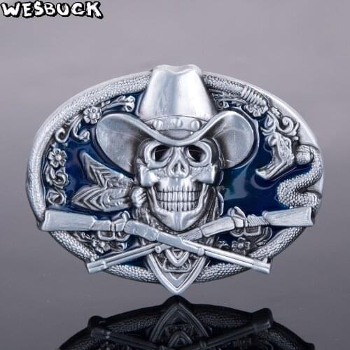 WesBuck Brand Skull Belt Buckles for Men Women Cool Gun Buckles Metal Cowboy Cowgirl Western Boucle Ceinture