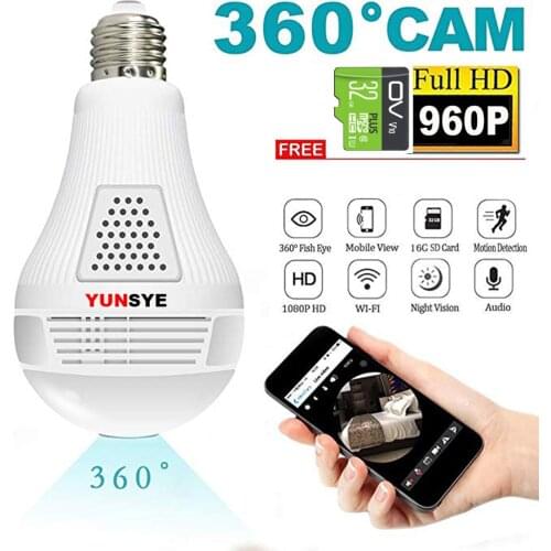 YUNSYE 360 Degree LED Light 1080P Wireless Panorama Home Security Safe WiFi CCTV Fisheye Camera Bulb IP Camera Audio Intercom