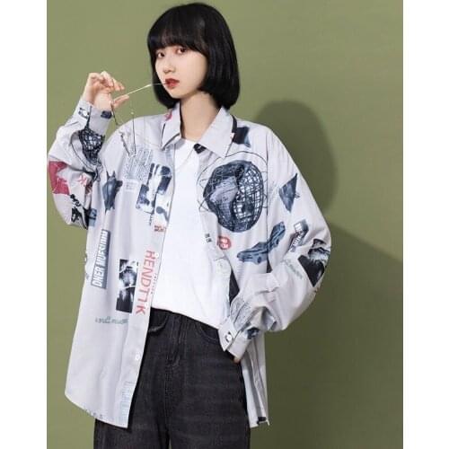 Harajuku Shirts Women Vintage Print Black Top Button Up Short Sleeve Feminine Blouse Korean Fashion Streetwear Cardigan