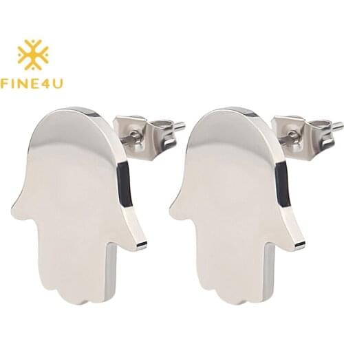 FINE4U E133 Stainlesss Steel Hamsa Stud Earrings For Women High Quality Mirror Polishing Earrings Jewelry Gifts