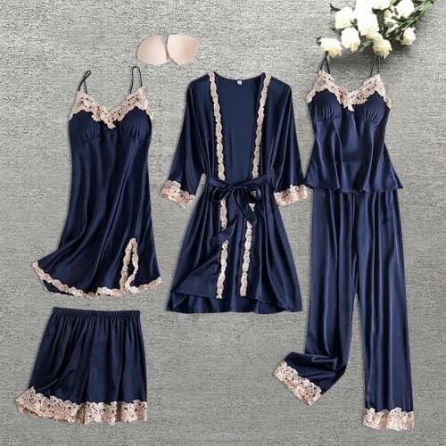 2021 Women Pajama Sets 4 Pcs Sexy Lace Pyjamas Women Satin Silk Sleepwear Elegant Pijama With Chest Pads Homewear Dropshipping
