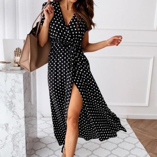 Women Dress Spot Design Decorative Stylish Short Sleeve V-neck One-piece Dress for Home