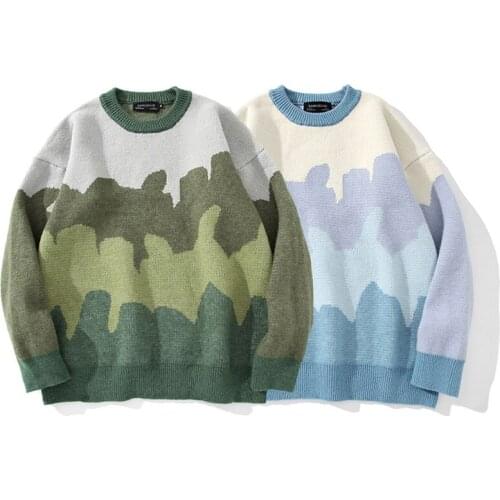 2021 New Harajuku Warm Knitted Sweater Men O-Neck Colorblock Patchwork Oversize Pull Homme Couple Pullovers Hip Hop Streetwear