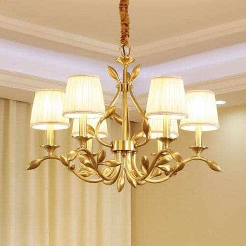 American Luxury Copper E14 Chandelier Gold Living Room Chandelier Lighting Fabric Shades Flower Deco Led Pendant Lighting Lamp
