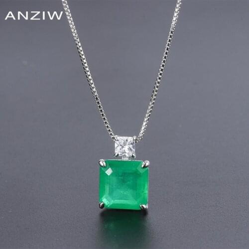 ANZIW Sterling Silver Asscher Cut 10x10mm Lab Created Emerald Classic Pendant Necklace For Women Jewelry Gifts