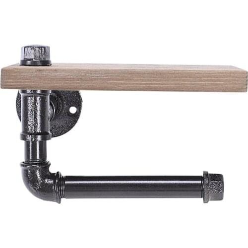 Toilet Roll Holder Multifunction Retro-Styled Iron Pipe Wall Mount Paper Towel Rack with Wooden Storage Shelf Retro Bathroom Rac